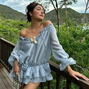 QCCC Tặng kèm hoa rời Có lót Đầm tơ xanh pastel trễ vai tay dài tà 2 tầng xoè bo chun form bí bồng bềnh dễ thương ELLIN DRESS