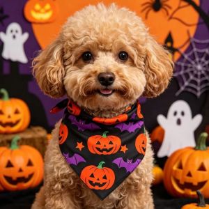MING1996 Polyester Pet Halloween Bandana Spider Bat Pattern Pumpkin Ghost Print Cat Saliva Towel Unique Soft Skin-Friendly Puppy Decor Collar Halloween Pet Accessory