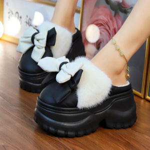 Waterproof clog slippers with fur slides womens indoor kawaii bowknot mules woman winter high platform home slippers ladies