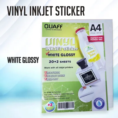 QUAFF White Glossy & Semi Clear Transparent Vinyl Inkjet Sticker Waterproof A4 Size ( 20 Sheets PER PACK)