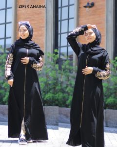 Abayah Gamis Hitam Ziper Anaina Dress Maxi Fashion Muslim Terbaru 2022