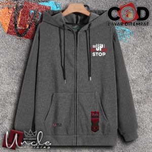 Jaket Zipper Pria Distro Uncle.Clothing Warna Hijau Abu Tua Sablon Never  - Sweater Resleting - Baru 2024 - Murah Keren - Jaket Kekinian -Bisa Cod