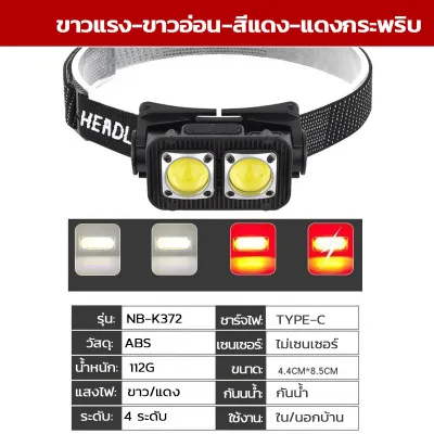 ไฟฉายคาดศีรษะ ชาร์จไฟ USB Type-C ไฟฉายคาดหัว สว่างมาก ไฟฉายติดหน้าผาก กันน้ำ IP44 พกพา สะดวก รับประกัน