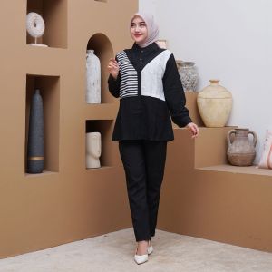 Blus Kemeja Wanita Motif Garis & Blok Warna Gaya Korea Lengan Penuh - Silvi Kemeja Formal Casual