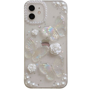 CrashStar 3D Butterfly Pearl French Retro Phone Case For iPhone 16 15 14 13 12 11 Pro Max XS XR X 8 + 7 Plus Transparent Clear Soft Epoxy Phone Casing Flowers Luxury Cover Shell Top Seller