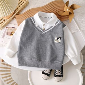 Korean Style Long Sleeve Shirt for Boys Fake Two Piece Collar Sweatshirt Casual Tops for Kids 1-12 Years Old