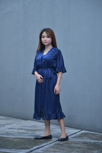 piyama minji daster wanita dewasa 2 in1 warna biru seksi kimono bahan halus dan ada corak embos