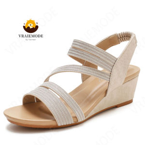 VRAIEMODE Slingback Wedge Sandals Soft Elastic Band Roman Shoes Peep Toe Womens Sandals Non-slip Mid-Heel Sandals