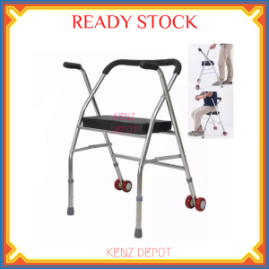 Stainless Steel Walker Walking Aid Frame Medical Crutch With Seat & Wheel Foldable Elder Walker