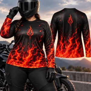 Womens Plus Size Flame Graphic Long Sleeve Motorcycle Riding Jersey Quick Dry Top LA045