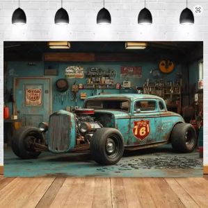 2026 Retro illustration style vintage modified car garage background Route 66 theme mens birthday party decoration room poster props