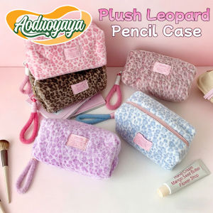 Aoduoyaya Ins Girl Leopard Print Makeup Bag Large Capacity Student Pencil Case Plush Pouch Cosmetic Bag Travel