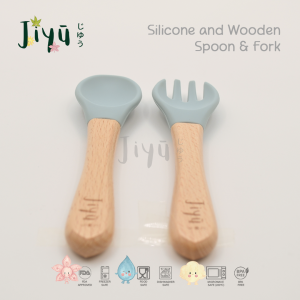 JIYU [JC-002] Wooden Rainbow Silicone Spoon & Fork / Kayu Silikon Sendok Garpu BPA FREE