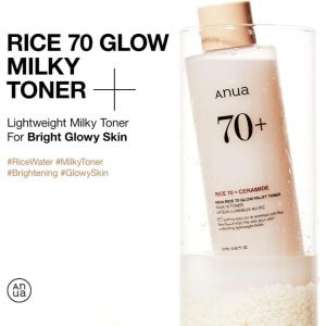 Anua Rice 70 Glow Milky Toner 250ml 70% Rice Extract + Ceramide Lightweight Hydrating Facial Toner Brighten Dull Skin Strengthen Skin Barrier Refreshing Milky Skin Care Toner Rice Bran Water Glow Toner
