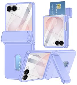 for Samsung Galaxy Z Flip 8 Case Z Flip 7 6 5 with Card Holder & Built-in Screen Protector Hinge Protection Hidden Kickstand Shockproof Rugged Hard PC Wallet Protective Phone Cover