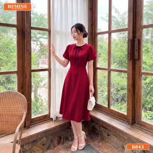 Đầm thiết kế BEMINE cổ tròn phối dây nơ tay phồng dáng dài phù hợp đi làm-B843