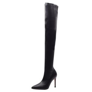 《308》รองเท้าบูทส้นสูงหนังทรงยาวสไตล์เกาหลี หัวแหลม รองเท้าบูทผู้หญิง ฤดูใบไม้ผลิและฤดูใบไม้ร่วง รองเท้าบูทแบบสวม ส้นสูง 8 ซม.