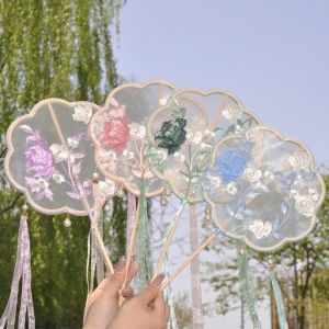 FOUNDTWO Handheld Chinese Style Fan Long Handle Decorative Embroidery Fan Elegant with Tassels Hanfu Fan Dance