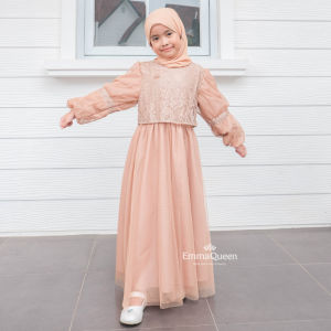 EmmaQueen - Dress Alin Kids Gamis Simple Elegan Cotton Tile Kombin Eksklusif Brukat Wudhu Friendly Kancing Belakang Karet Pinggang