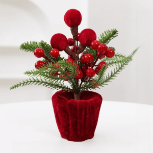 HUAGUES Wine Red Christmas Potted Plant Fabric Miniature Christmas Decoration Plant Christmas Decor Small Mini Potted Christmas Tree Entryway