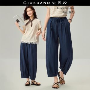 GIORDANO Women Pants Drawstring Elastic Waist Cocoon Pants Pleated Ankle Length Fashionable Casual Loose Pants 18426511