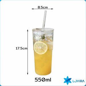 LoviRa 550ml Creative Glass Water Cup with Straw and Lid Juice Milk Tea Coffee Cold Drink Mug