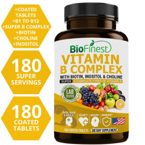 Biofinest Vitamin B Complex Supplement - Super B1 B2 B3 B5 B6 B7 B9 B12 - with Biotin Inositol Choline Folic Acid - Heart Brain Skin Hair Nails Health Energy Memory Men Women - Made in USA (180 Coated Tablets)