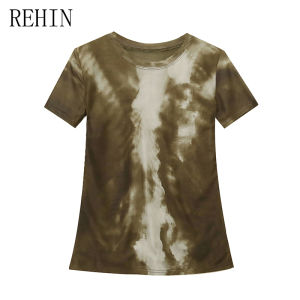 REHIN Summer fashion mesh tie-dye positioning flower short-sleeved T-shirt round neck slimming S-2XL Korean stylish top elegant women blouse