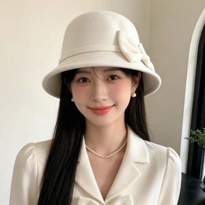 NHG Warm Fleece Winter Woolen Hat Korean Style Soft Felt Elegant Bucket Hat Bowknot Top Hat Solid Color Vintage Fedora Cap Elegant Women