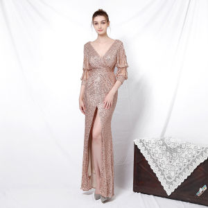 Elegant long sleeve sequined queen fishtail evening dress for banquet women formal gown