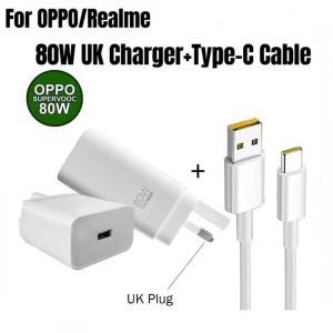 For OPPO 80W Supervooc Fast Charger Adapter UK Plug Type-C Cable Flash Charge For OPPO A5i A5 Plus A6 Pro A57 5G A79 5G A93 Reno14 F Reno 13 Find X8 X9 N5 Realme 15T 13+ 12X GT Neo6 SE