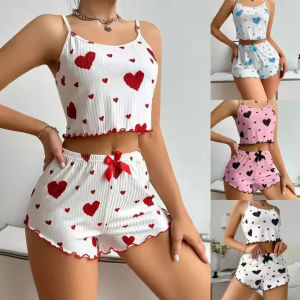 Women Pajama Set with Heart Shorts Sleepwear Night Wear White Ventilate Soft Casual Love Printing Top and Shorts Loungewear