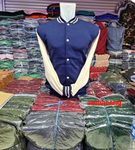 Jaket baseball polos / Varsity Navy cream kancing ada pilihan warna / Fashion pria kekinian bigsize m-xxxl unisx katun fleece bomber