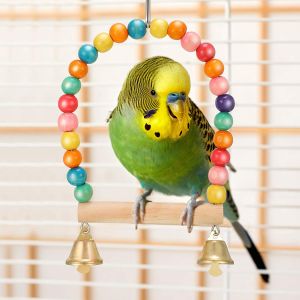 Wooden Parrots Swing Toy with Colorful Beads Bells Pet Bird Cage Hammock Swing Swing Chewing Toys Hanging Hammock