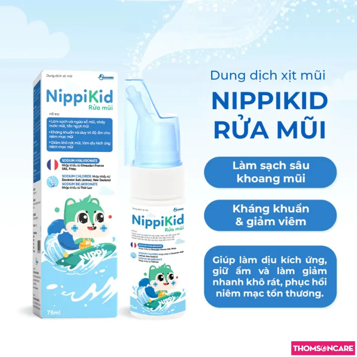 Xịt mũi cho bé Nippikid, Nano bạc Sanofia hỗ trợ làm sạch giảm ngạt mũi, sổ mũi - Chai 75ml