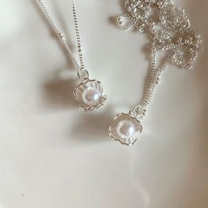 DOOUR White Pearl Shell Pendant Necklace Silver Thin Sweater Chain Geometric Choker Chain Necklace Women