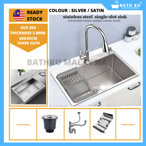 BathKu HIGH QUALITY Kitchen Sink 304 Stainless Steel Nano Sinki Dapur Bowl Basin Sink THICKNESS 3.0MM 60X45CM BLACK / SILVER / GOLD KITCHEN SINK