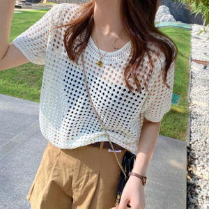 ⚡Port⚡ blouses women new style 2025  Arrivals summer knitted hollow out white blouse for women
