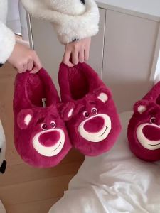 XIXITIAO Indoor Cotton Mop Strawberry Bear Closed-Toe Warm Comfortable Cotton Slippers for Women Autumn Winter Indoor Fuzzy Shoes