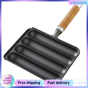 [Chinatera Flagship Store] 4-Slot Cast Iron Sausage Pans with Hook for Homemade Sausage Meat Grilling