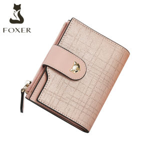 FOXER Thương hiệu mới Da bò của phụ nữ Ví ngắn nữ Ly hợp thẻ Ví thời trang Ví nữ gấp chống trộm Túi đựng tiền 2026