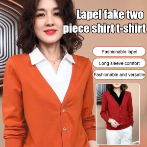 Polo Neck Slimming Ladies Top Chic Lapel Fake Two-piece Loose Large Size Korean Style Commute