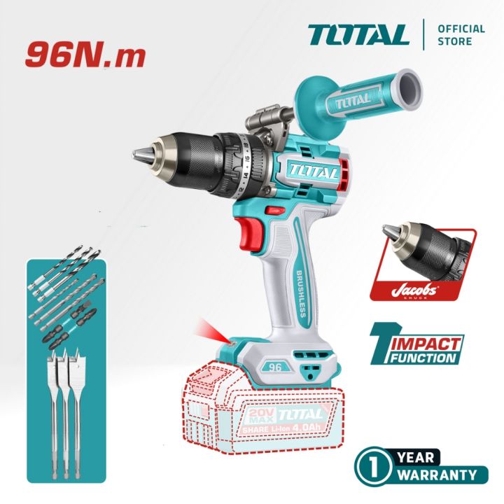 TOTAL Tools Cordless Impact Drill + Battery + Charger (20V / 96Nm / 13mm / Brushless) TIDLI209685 / TIDLI209686