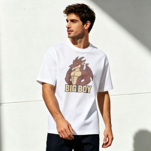 Cartoon Muscular Red Dragon BIG BOY Graphic Crew Neck Cotton T Shirt Men Short Sleeve Garment For Friends Daily Casual Hangout