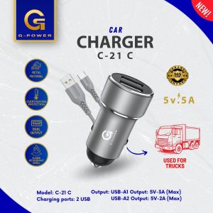 G-POWER C21 Car Charger Set Dual USB-C - Kompatibel dengan Smartphones Warna Silver