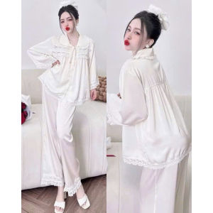 Bộ pijama tiểu thư cổ sen ren quần dài tay dài Lụa latin họa tiết trơn may kĩ đẹp phom dưới 65kg