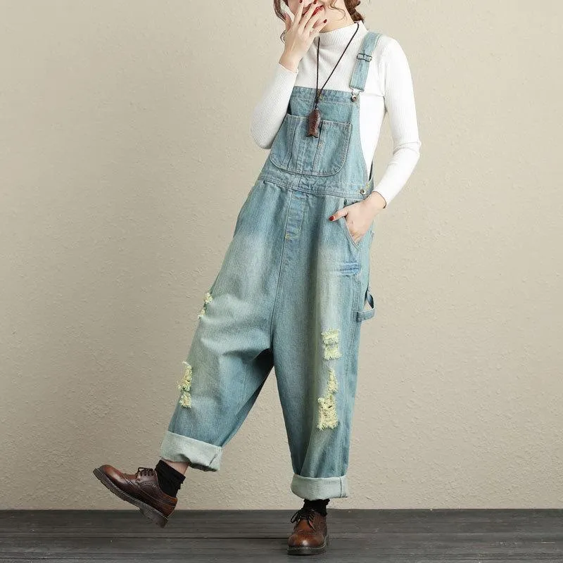 Women Denim Jumpsuit Ripped Hole Vintage Retro Baggy Loose Spring Summer  Autumn Fashion Casual Plus Size Bib Pants Jeans Overalls Streetwear Light  Blue