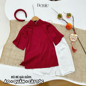 AD45 Áo dài Tấc lụa đỏ BERNIE quần áo dài cho bé trai bé gái đi chơi Lễ Tết du Xuân chụp hình