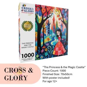 Cross & Glory 1000 piece Jigsaw Puzzle - The Princess & the Magic Castle | 70x50cm | For Age 12+ | Poster included | Vibrant Fantasy Castle Scene Artistic Illustration Relaxing and Challenging Jigsaw Puzzle for Ages 12+