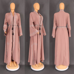 Phụ Nữ Hồi Giáo Jubah Abaya dây kéo kim cương áo choàng đan len ĐầM Dạ HộI Với Vành Đai dài tay ngoại cỡ Hồi Giáo Kaftan Đầm maxi